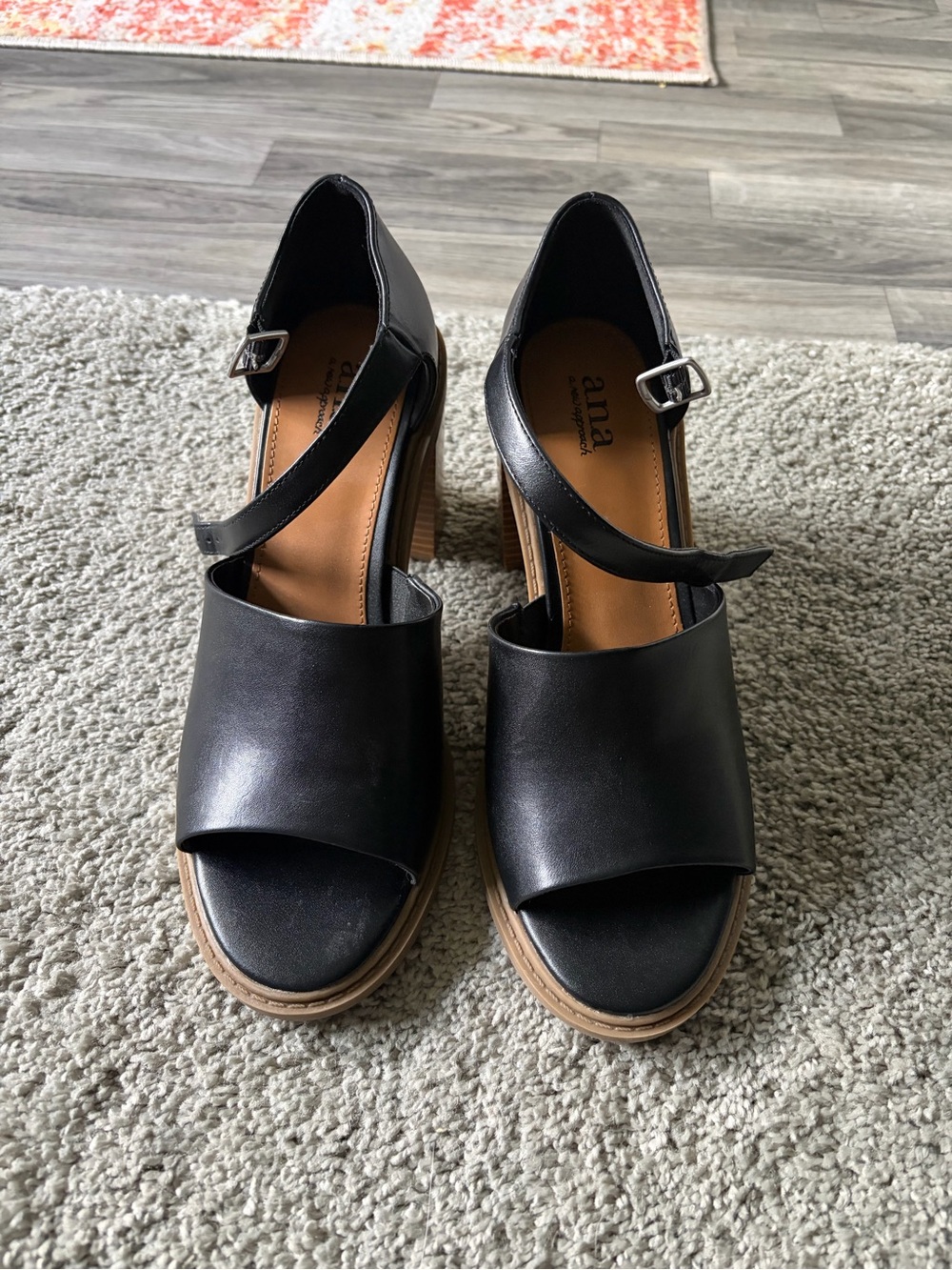 Anthropologie Black Leather Wedge Sandals with Ankle Strap